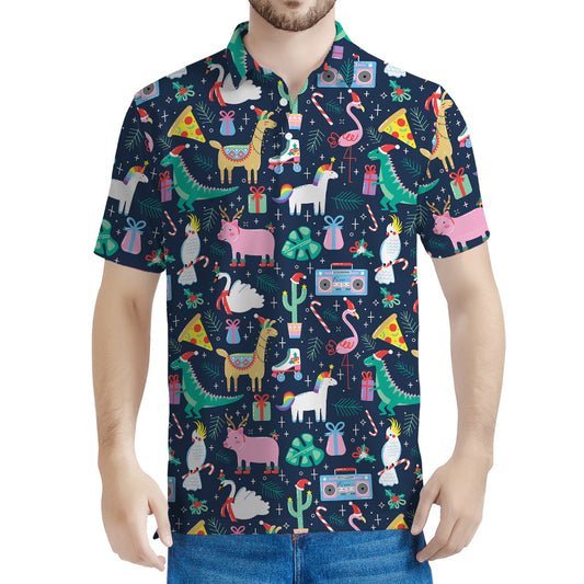 Funny Christmas Animals Pattern Print Men's Polo Shirt
