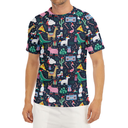 Funny Christmas Animals Pattern Print Men's Short Sleeve Rash Guard
