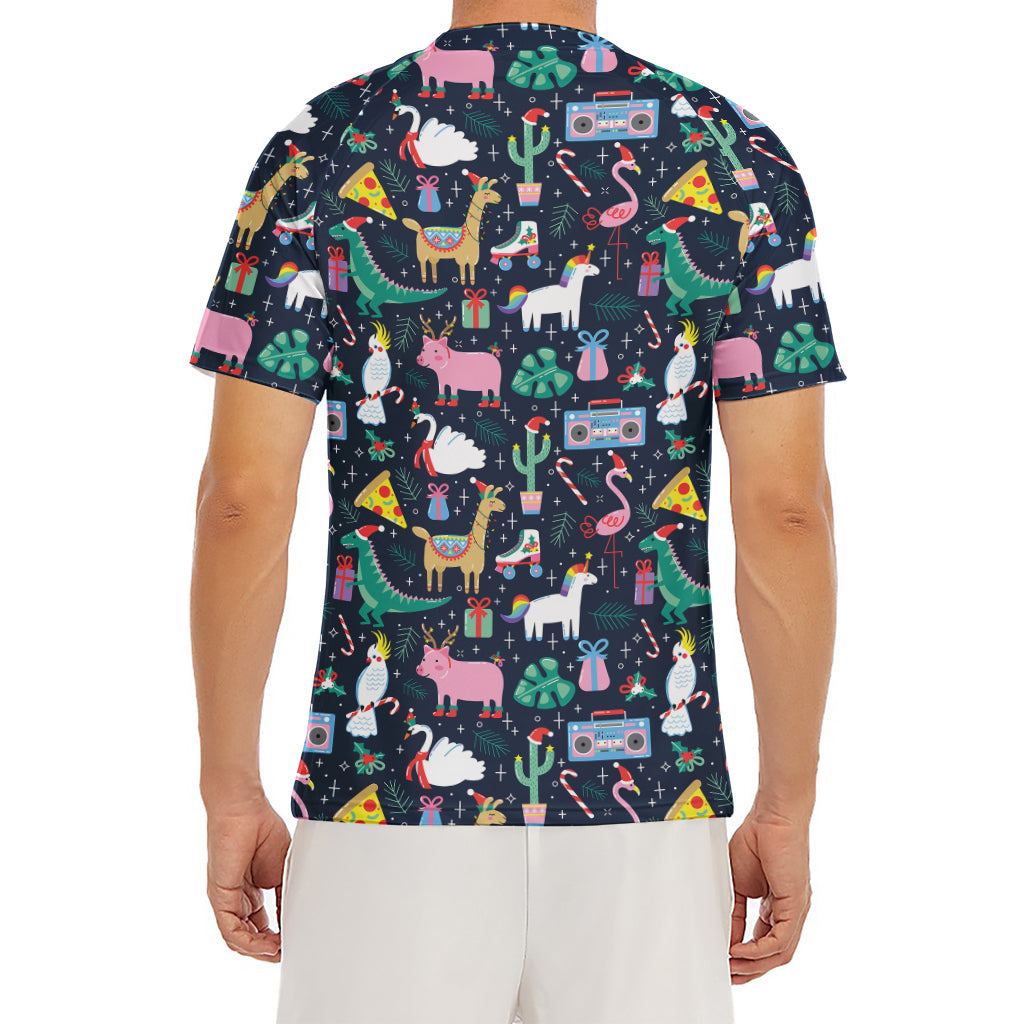 Funny Christmas Animals Pattern Print Men's Short Sleeve Rash Guard