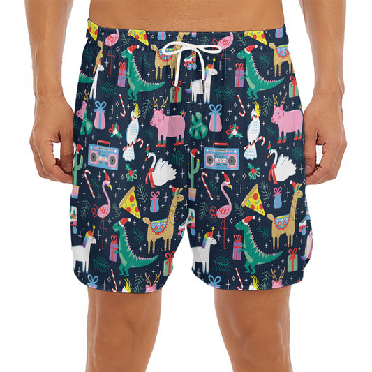 Funny Christmas Animals Pattern Print Men's Split Running Shorts