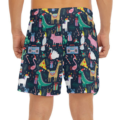 Funny Christmas Animals Pattern Print Men's Split Running Shorts
