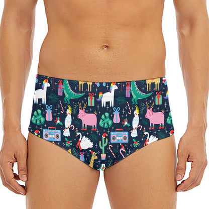Funny Christmas Animals Pattern Print Men's Triangle Swim Briefs