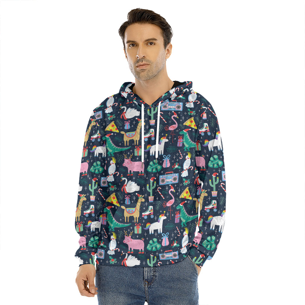 Funny Christmas Animals Pattern Print Men's Velvet Pullover Hoodie