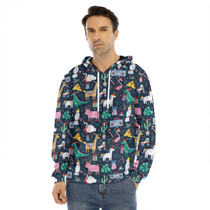 Funny Christmas Animals Pattern Print Men's Velvet Pullover Hoodie