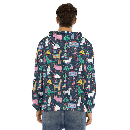 Funny Christmas Animals Pattern Print Men's Velvet Pullover Hoodie