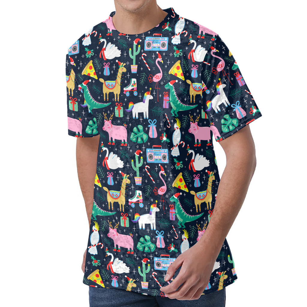 Funny Christmas Animals Pattern Print Men's Velvet T-Shirt