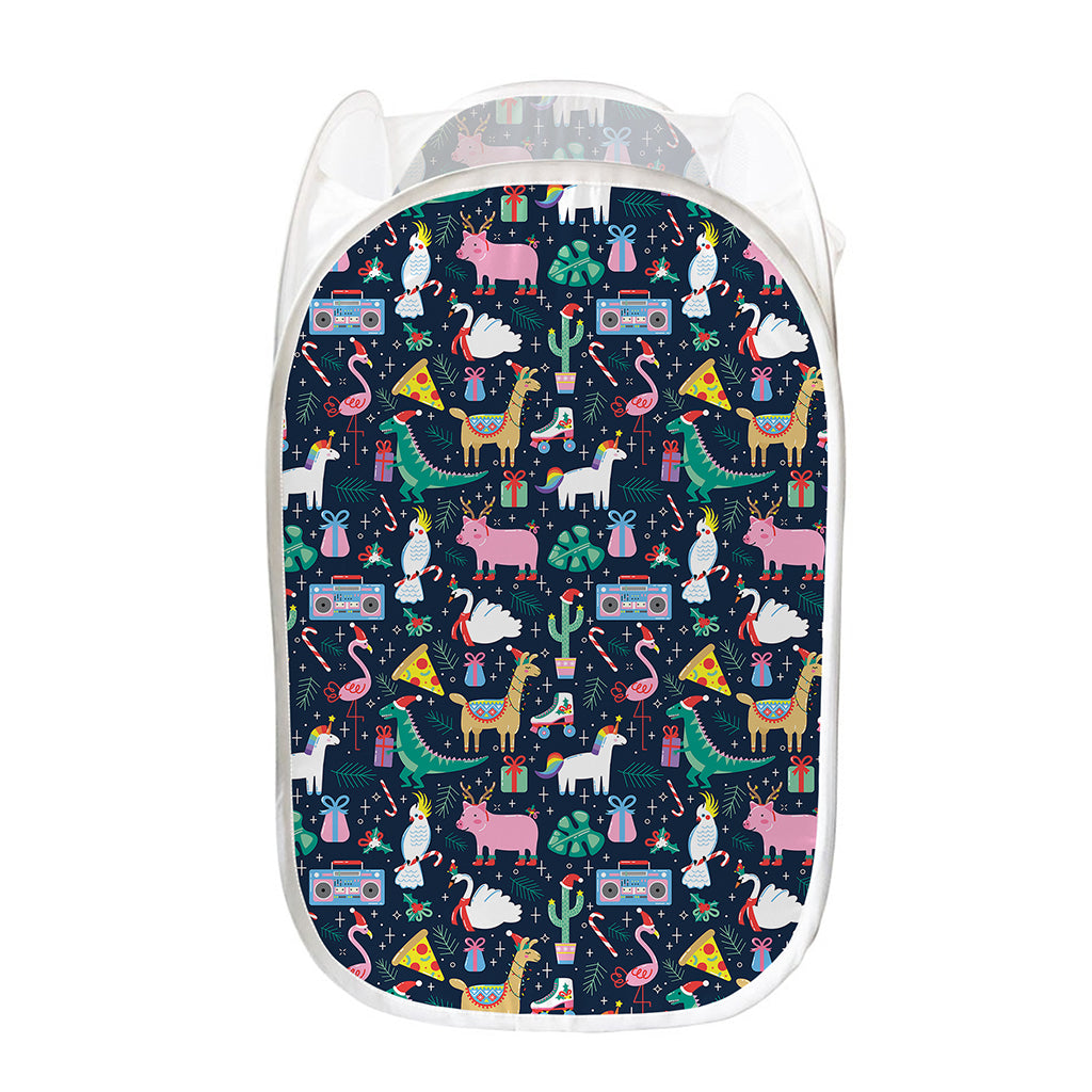 Funny Christmas Animals Pattern Print Mesh Laundry Hamper