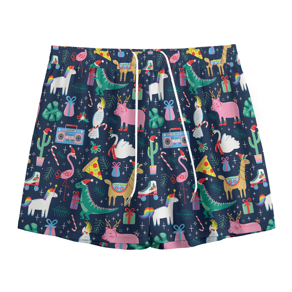 Funny Christmas Animals Pattern Print Mesh Shorts