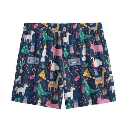 Funny Christmas Animals Pattern Print Mesh Shorts