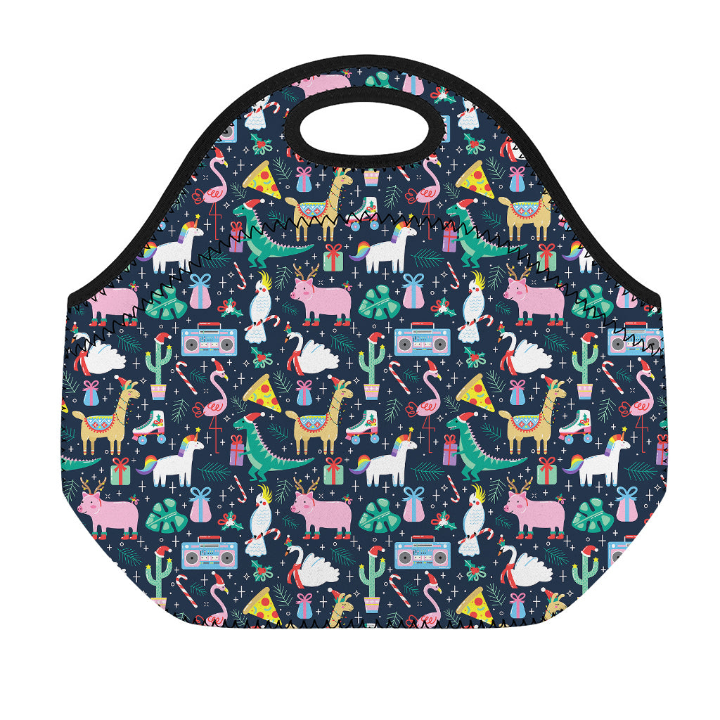 Funny Christmas Animals Pattern Print Neoprene Lunch Bag