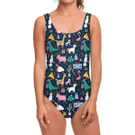 Funny Christmas Animals Pattern Print One Piece Swimsuit