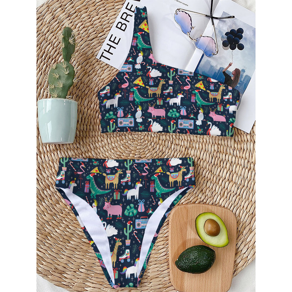 Funny Christmas Animals Pattern Print One Shoulder Bikini Top
