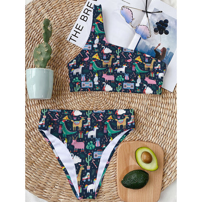 Funny Christmas Animals Pattern Print One Shoulder Bikini Top