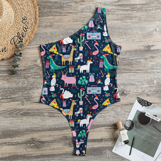 Funny Christmas Animals Pattern Print One Shoulder Bodysuit