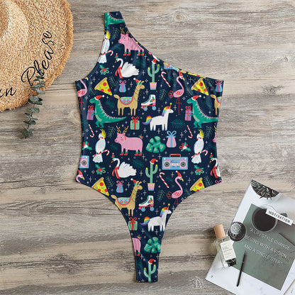 Funny Christmas Animals Pattern Print One Shoulder Bodysuit