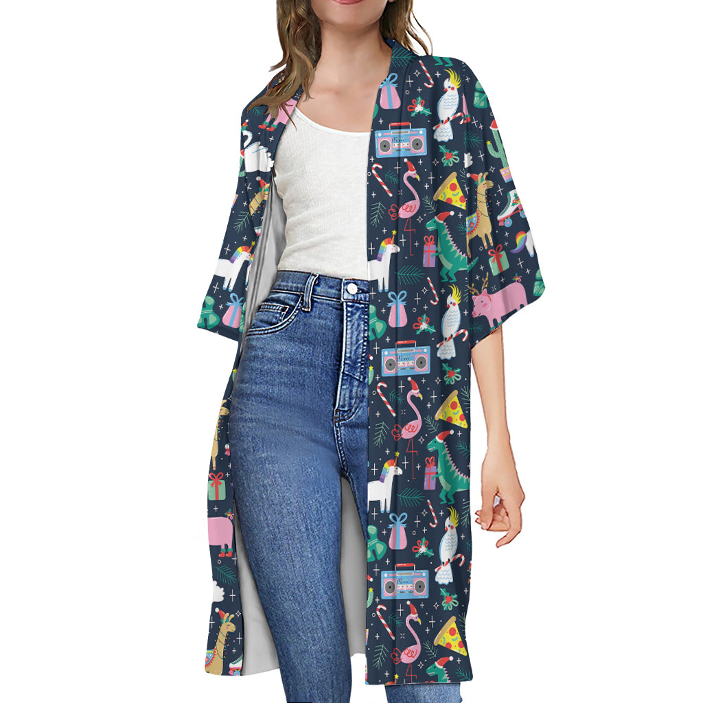Funny Christmas Animals Pattern Print Open Front Beach Cover Up