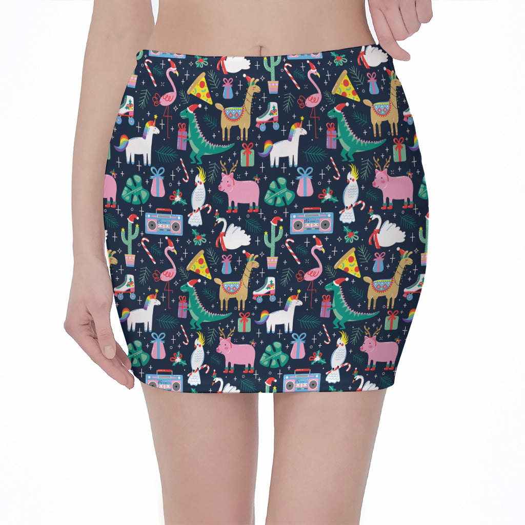 Funny Christmas Animals Pattern Print Pencil Mini Skirt