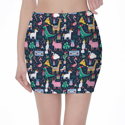 Funny Christmas Animals Pattern Print Pencil Mini Skirt