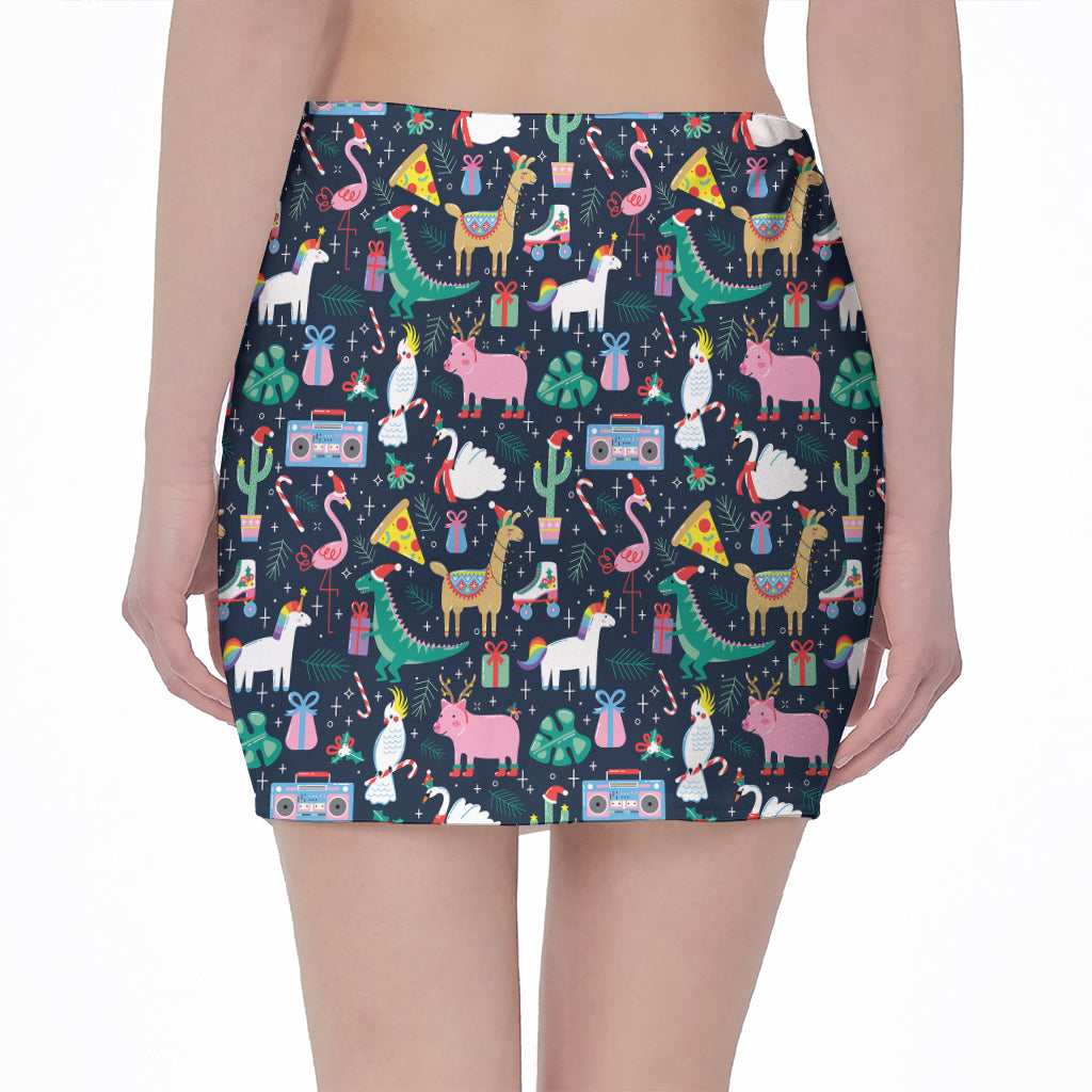 Funny Christmas Animals Pattern Print Pencil Mini Skirt