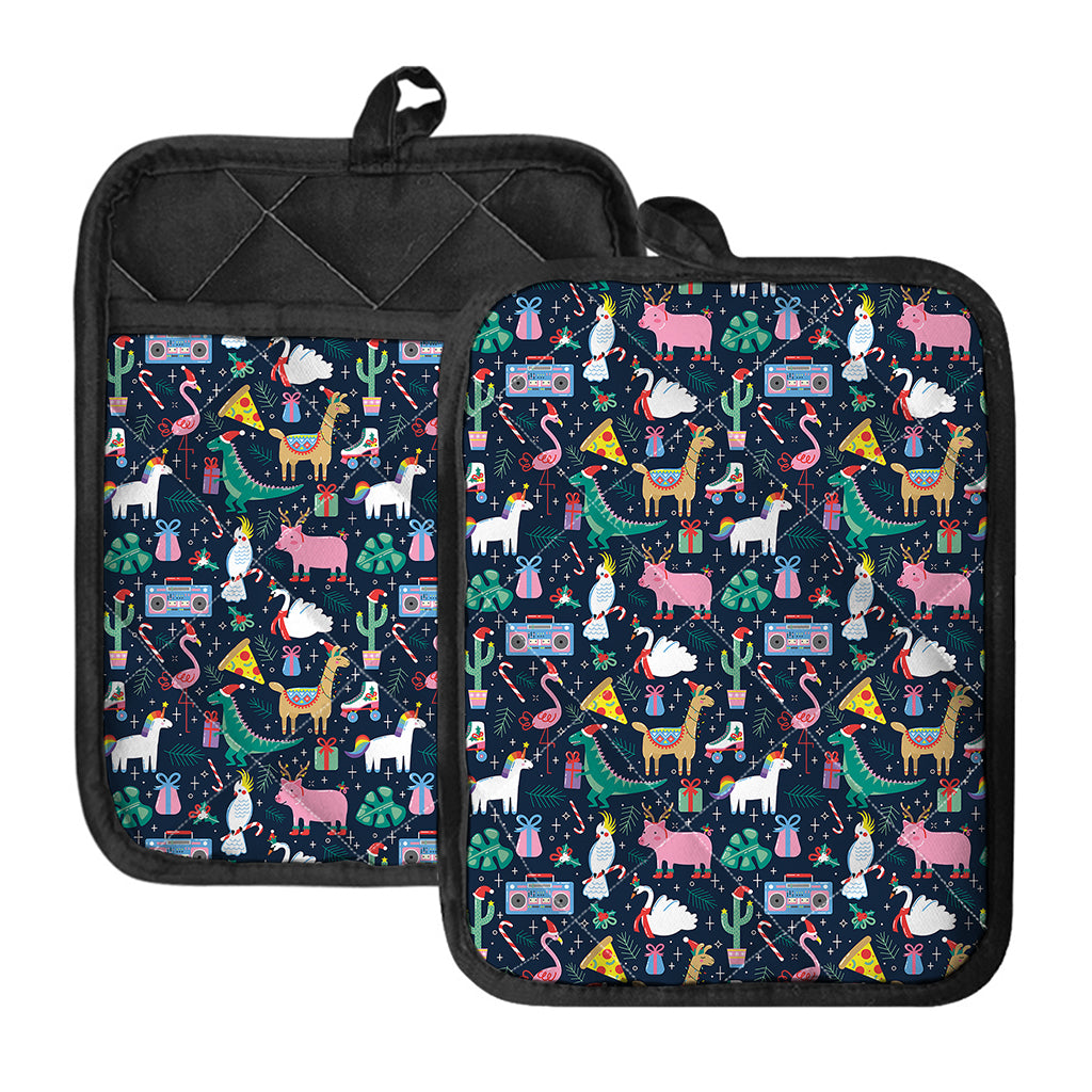 Funny Christmas Animals Pattern Print Pot Holders With Pocket