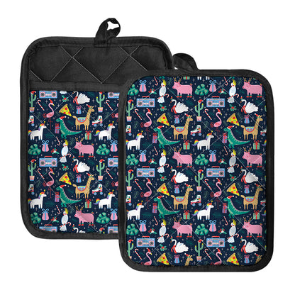 Funny Christmas Animals Pattern Print Pot Holders With Pocket