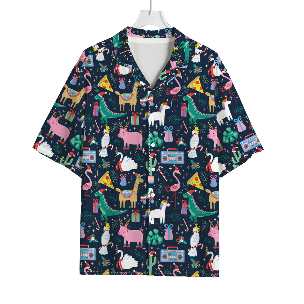 Funny Christmas Animals Pattern Print Rayon Hawaiian Shirt