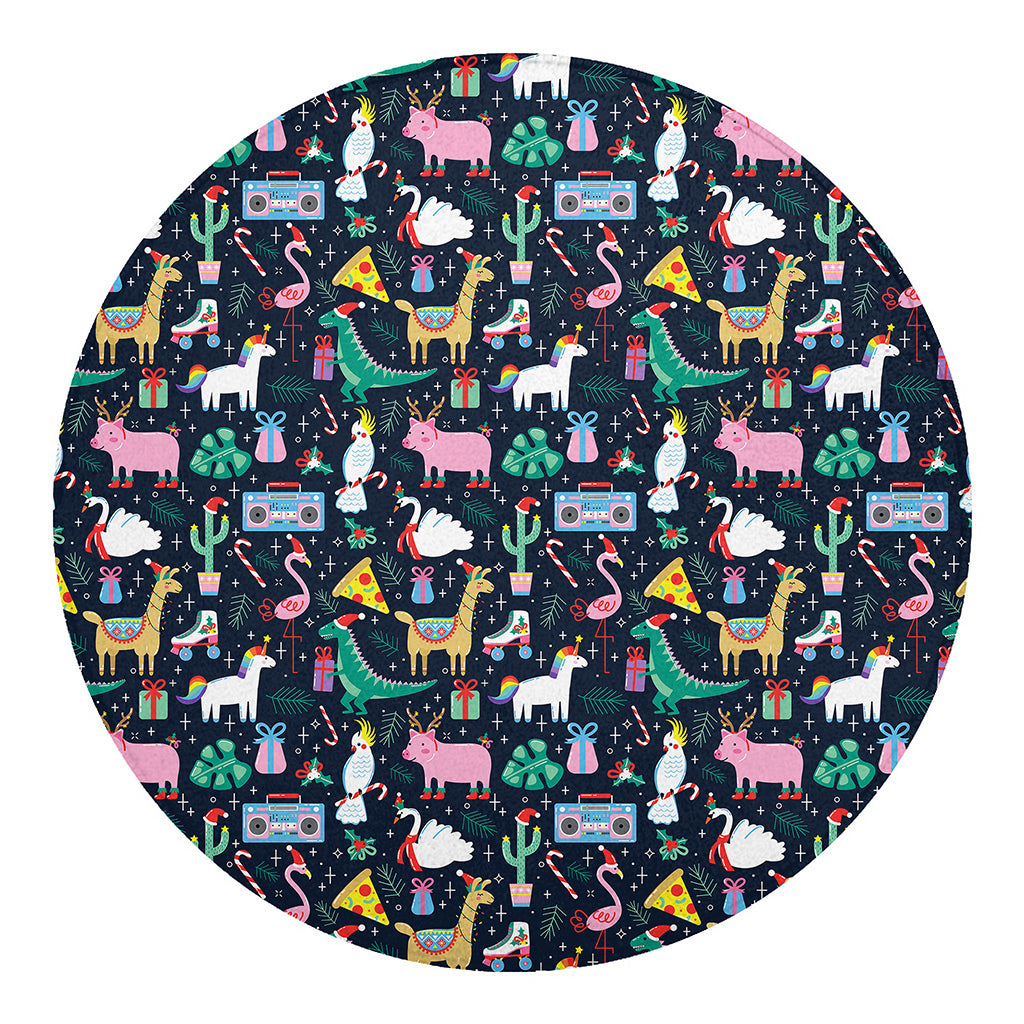 Funny Christmas Animals Pattern Print Round Blanket