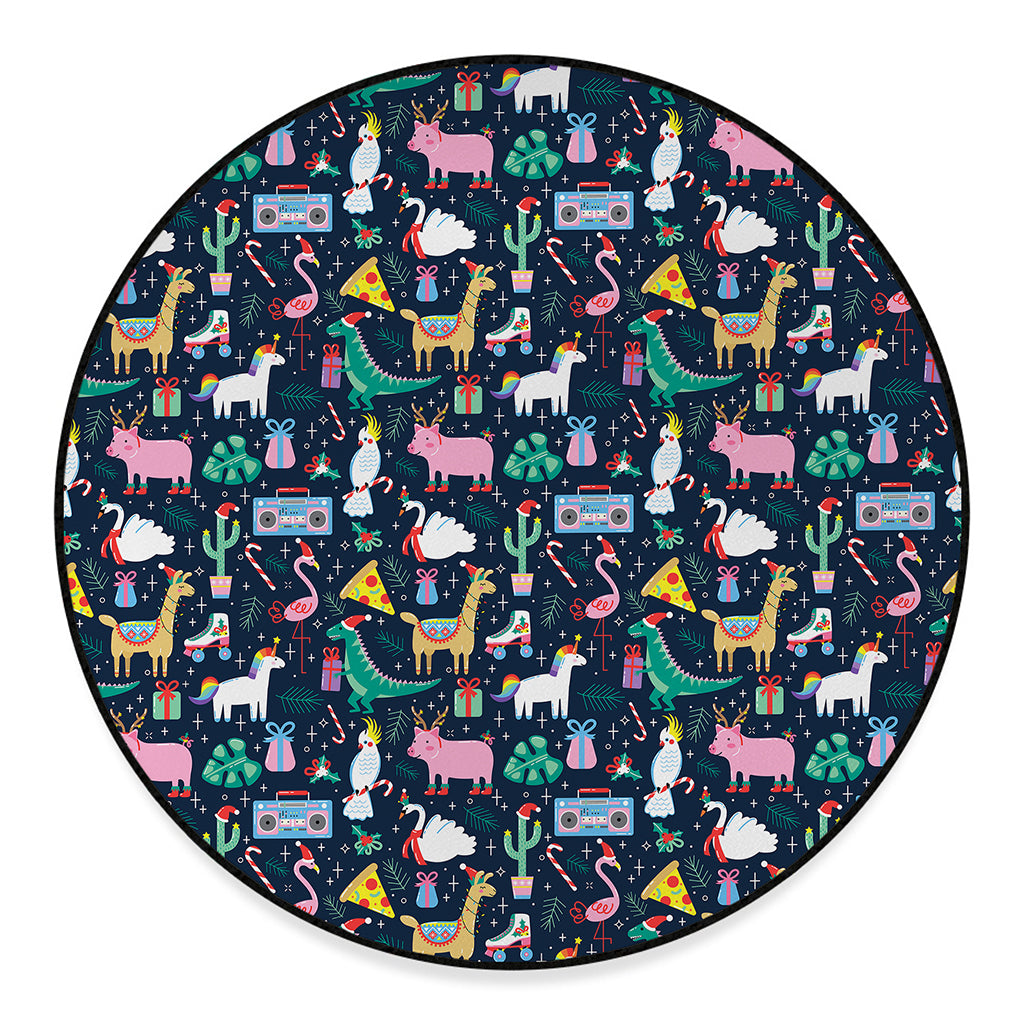 Funny Christmas Animals Pattern Print Round Floor Mat