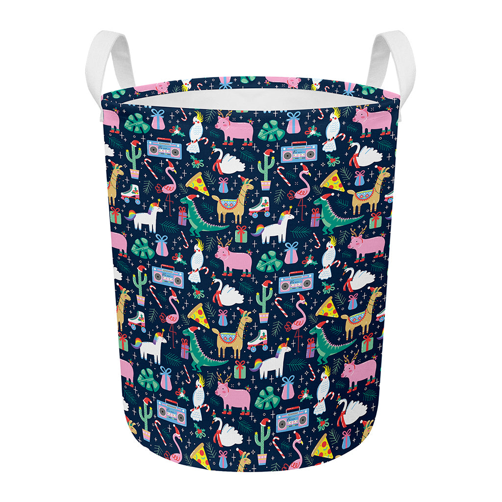 Funny Christmas Animals Pattern Print Round Laundry Basket