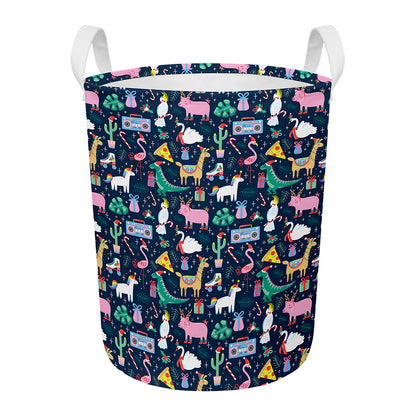 Funny Christmas Animals Pattern Print Round Laundry Basket
