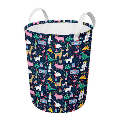 Funny Christmas Animals Pattern Print Round Laundry Basket