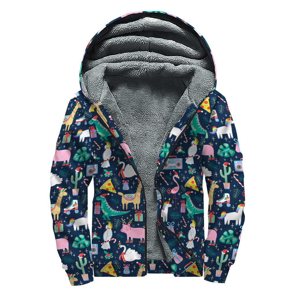 Funny Christmas Animals Pattern Print Sherpa Lined Zip Up Hoodie