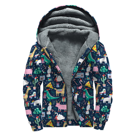 Funny Christmas Animals Pattern Print Sherpa Lined Zip Up Hoodie
