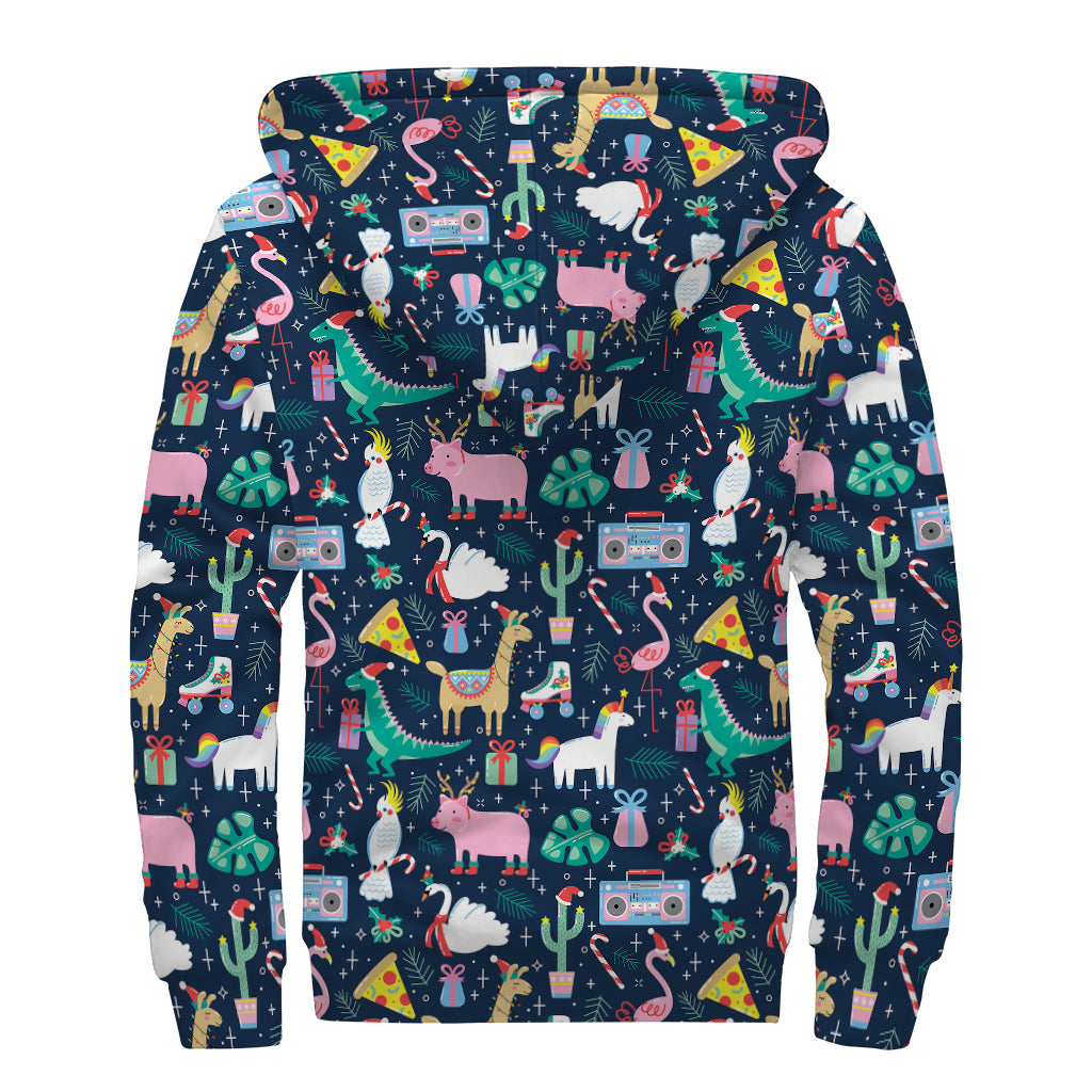 Funny Christmas Animals Pattern Print Sherpa Lined Zip Up Hoodie