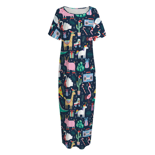 Funny Christmas Animals Pattern Print Short Sleeve Long Nightdress