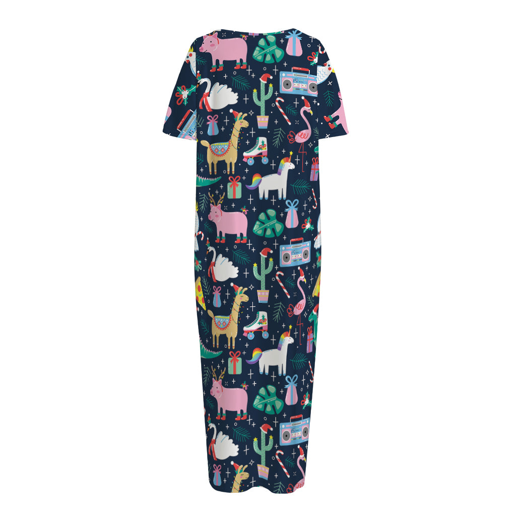 Funny Christmas Animals Pattern Print Short Sleeve Long Nightdress