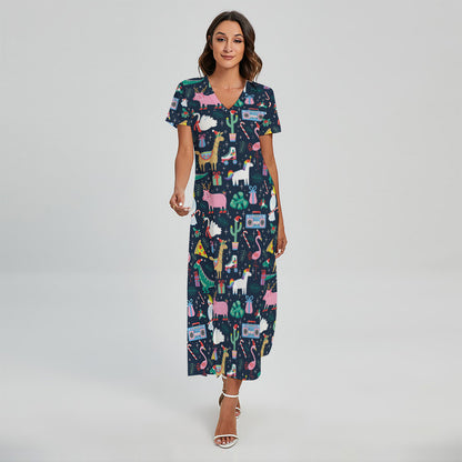 Funny Christmas Animals Pattern Print Short Sleeve Maxi Dress