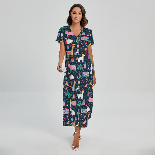 Funny Christmas Animals Pattern Print Short Sleeve Maxi Dress