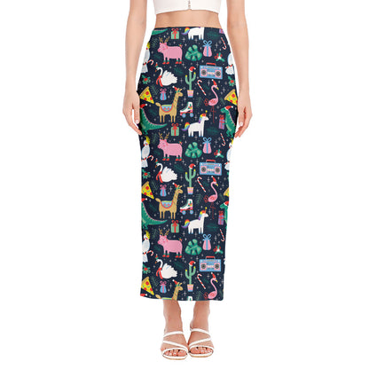 Funny Christmas Animals Pattern Print Side Slit Maxi Skirt