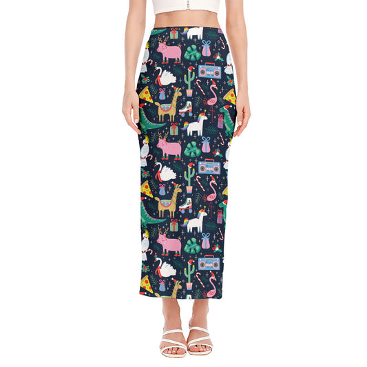 Funny Christmas Animals Pattern Print Side Slit Maxi Skirt