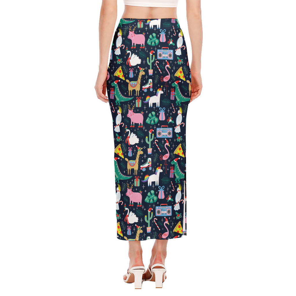 Funny Christmas Animals Pattern Print Side Slit Maxi Skirt