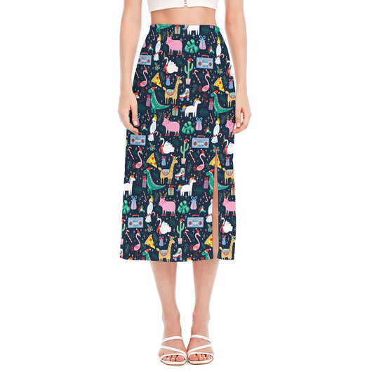 Funny Christmas Animals Pattern Print Side Slit Midi Skirt