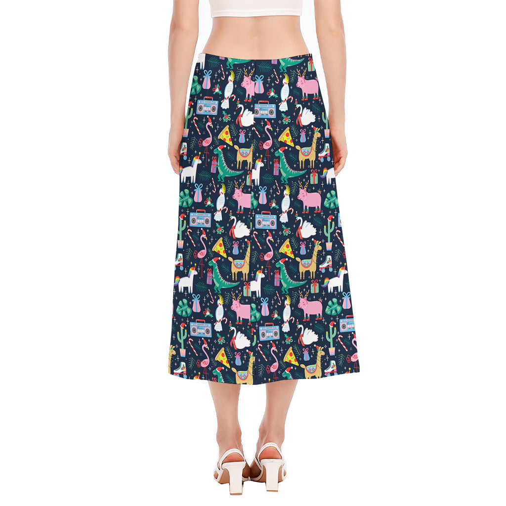 Funny Christmas Animals Pattern Print Side Slit Midi Skirt