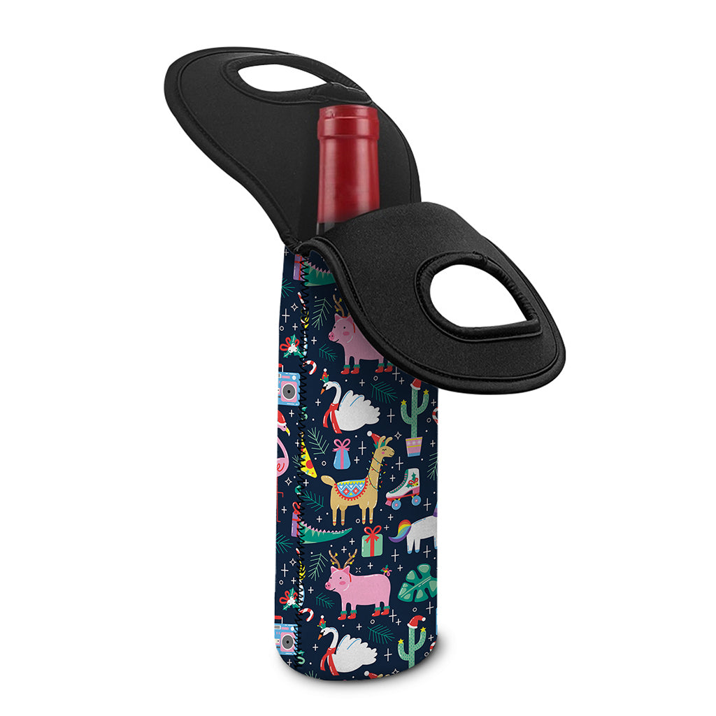 Funny Christmas Animals Pattern Print Single Neoprene Wine Tote