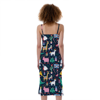 Funny Christmas Animals Pattern Print Slim Fit Midi Cami Dress