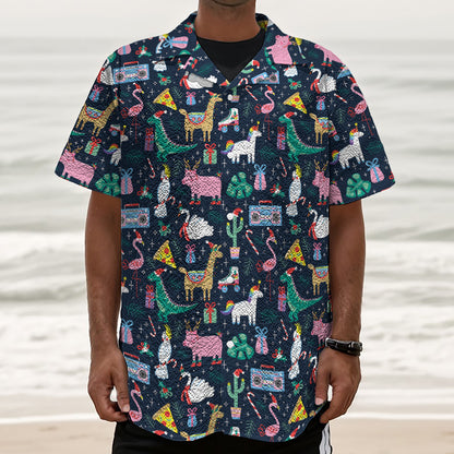 Funny Christmas Animals Pattern Print Textured Short Sleeve Shirt