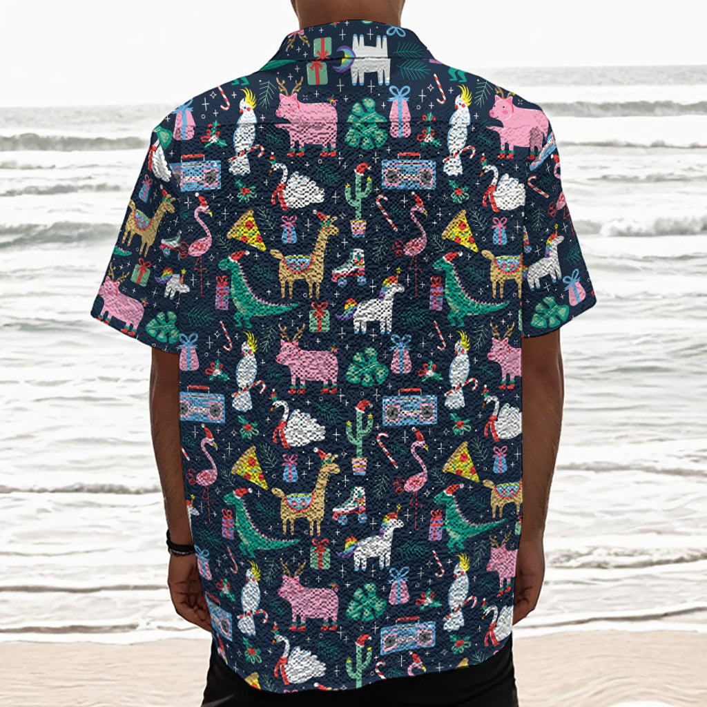 Funny Christmas Animals Pattern Print Textured Short Sleeve Shirt