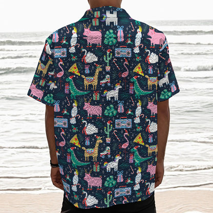 Funny Christmas Animals Pattern Print Textured Short Sleeve Shirt