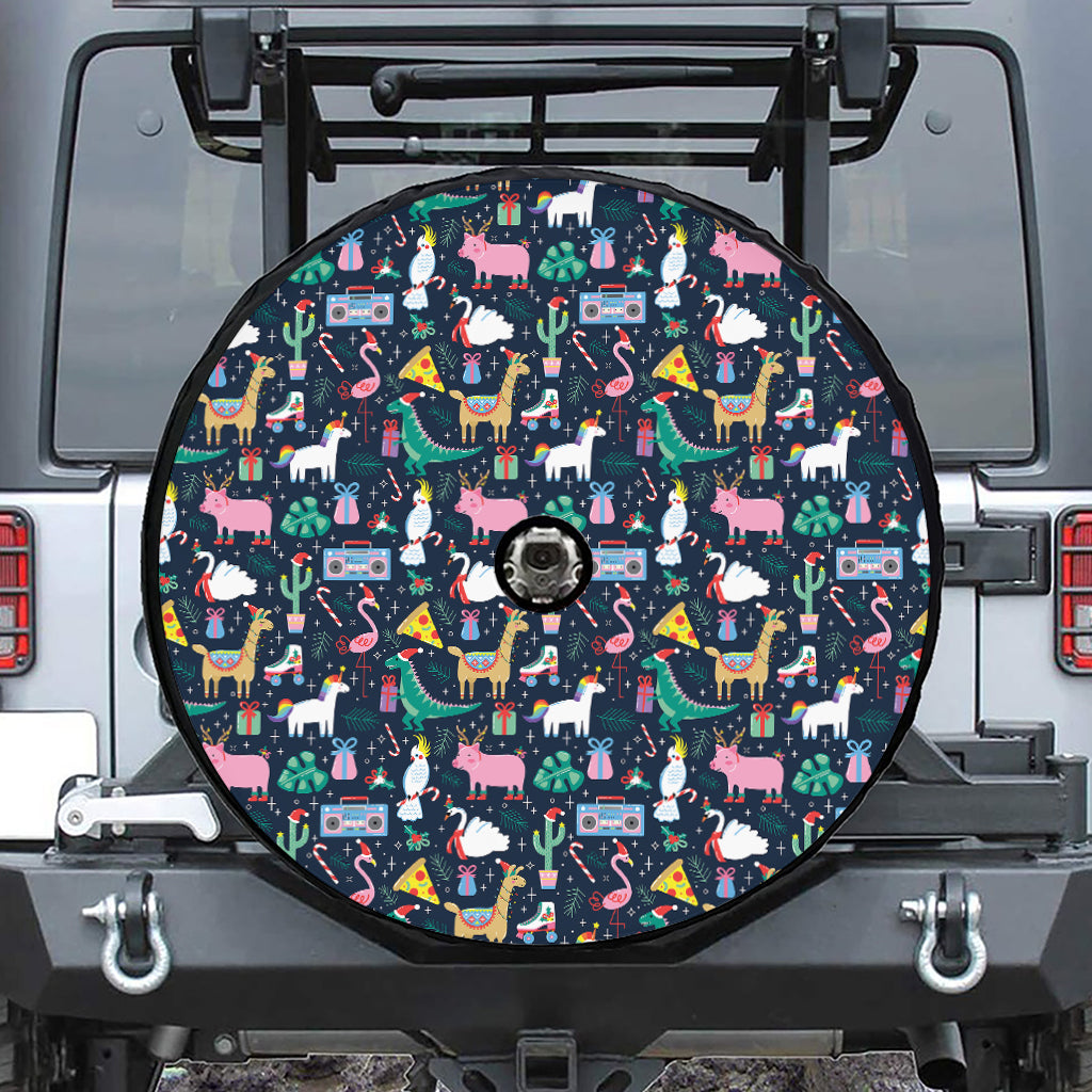 Funny Christmas Animals Pattern Print Tire Cover With Camera Hole