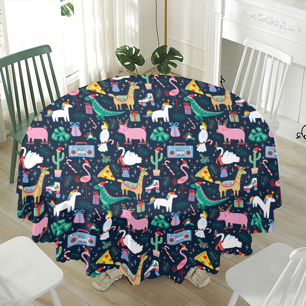 Funny Christmas Animals Pattern Print Waterproof Round Tablecloth